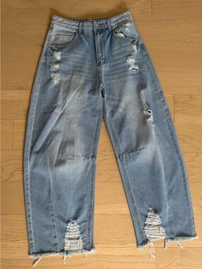 Amazon Light Blue Distressed Barrel Jeans